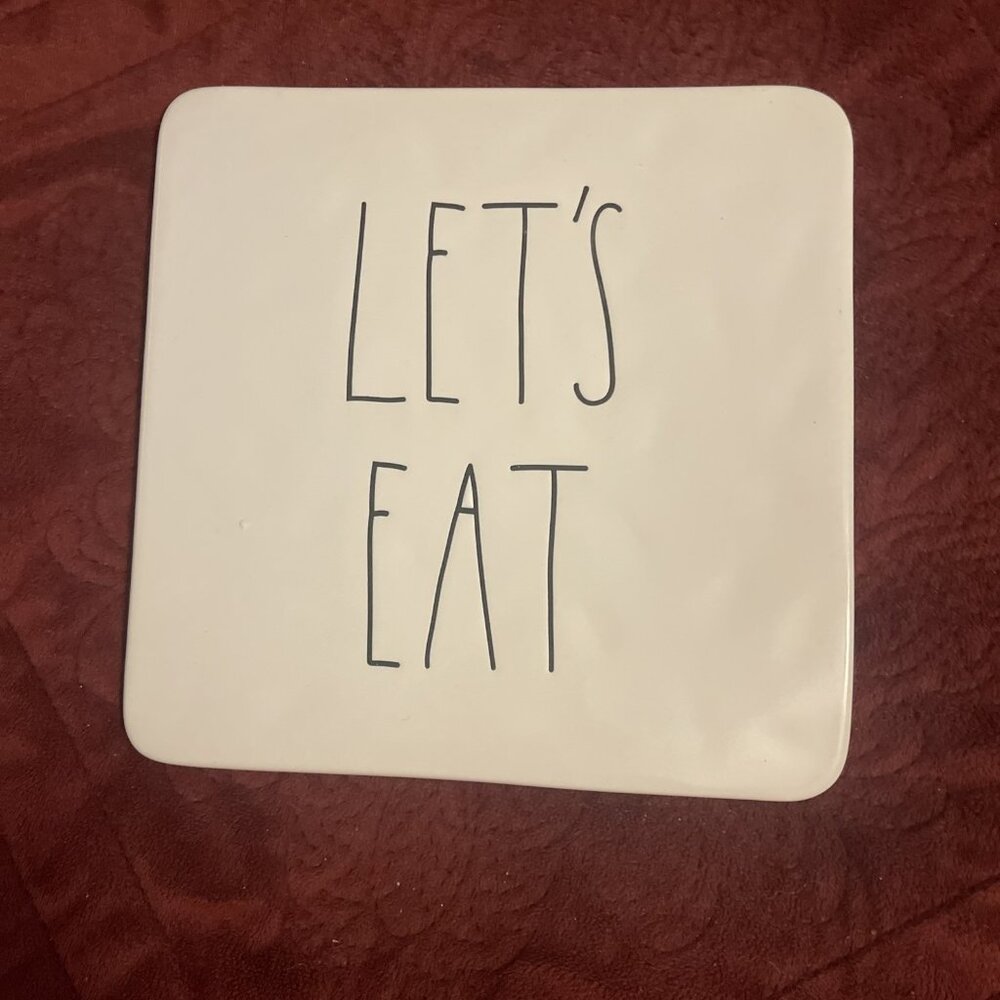 Rae Dunn White Ceramic LET’S EAT Hot Plate Trivet Farmhouse Bohemian Fun Art